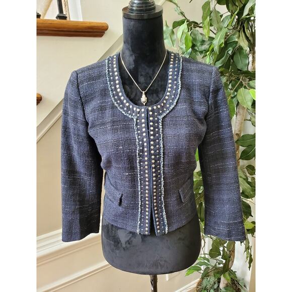 Ann Taylor Loft Women's Blue Cotton Long Sleeve Casual Crome Studded Blazer 4 - Picture 8 of 12